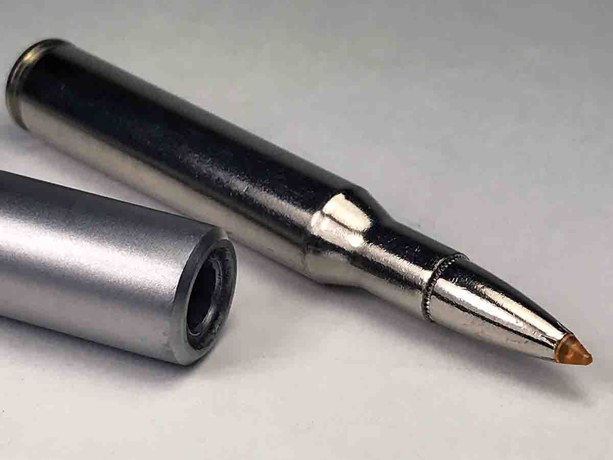 The rifle’s stainless barrel has a “Mountain Contour” that is not much larger in diameter at the muzzle than a .270 Winchester case.